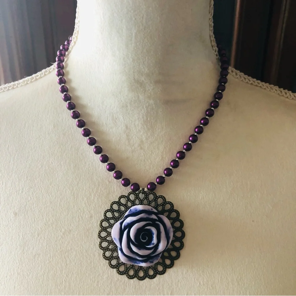 Handcrafted repurpose purple rose filigree pendant Czech glass Pearl necklace